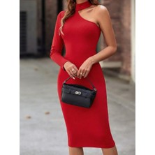 Lunelis Kadın Tek Omuzdan Açık Uzun Kollu Balıkçı Yaka Midi Ithal Krep Elbise