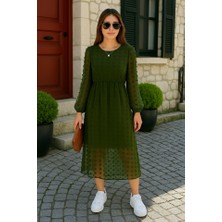 Lunelis Kadın Uzun Kollu Astar Detay Fırsat Ürün Ponpon Şifon Elbise