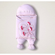 LTG Nova Yenidoğan Yapay Çiçek Işlemeli Şapkalı Lüks Kız Bebek Ayaklı Kundak Bebek Battaniyesi Pembe