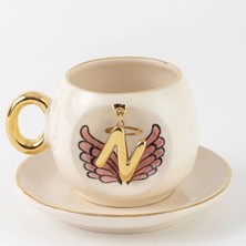 BSK Ceramics Handmade Harfli Pembe Melek Kahve Fincanı N Harfi