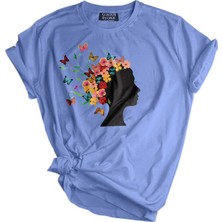 Genius Store  Unisex Baskılı Tişört Outdoor Normal Kalıp Tshirt  (Çiçek Kadın Mavi)