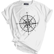 Genius Store  Unisex Baskılı Tişört Outdoor Normal Kalıp Tshirt  (Pusula Beyaz)