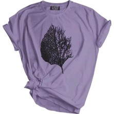 Genius Store  Unisex Baskılı Tişört Outdoor Normal Kalıp Tshirt  (Yaprak-Lila)