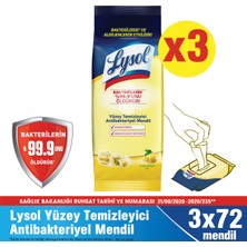 Lysol Antibakteriyel Yüzey Temizleyici Mendil 216 Yaprak (3 x 72) Bakterilerin %99,9'unu Öldürür