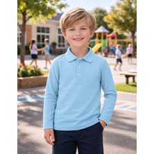 Organickid Polo Yaka Basic Mavi Uzun Kollu Çocuk T-shirt