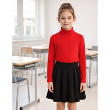 Organickid Basic Unisex Çocuk Kırmızı Yarım Balıkçı Yaka Uzun Kollu T-Shirt