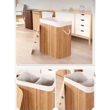 Adoz Shopping Çamaşır Sepeti Doğal Bambu Katlanabilir Kirlilik, Yıkanabilir Çıkarılabilir Astar Torbalı, Sele Görünümlü Şık ve Dayanıklı Çamaşır Sepeti, Kapaklı ve Ergonomik Tasarım (2 Bölmeli)