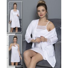 Jenika Kadın Lohusa Penye Sabahlık Takım Beyaz Renk Dantelli Yumuşak Dokulu XL