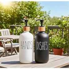 Adoz Shopping Modern Banyo ve Mutfak Seti, Siyah ve Beyaz Cam Sabunluk ve Deterjan Şişesi, Bambu Kapaklı ve Standlı, 450ML x 2 Adet, 21.3cm Yükseklik, Hands Dishes