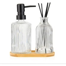 Adoz Shopping Cam Sabunluk & Difüzör Seti – 2’li Zarif Cam Şişe, Bambu Taban, Modern Banyo & Ev Dekorasyonu