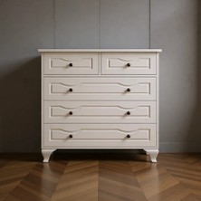 Rabi Mobilya Yağmur Country Şifonyer Mat Beyaz 86 cm Yükseklik 90 cm Genişlik 5 Çekmeceli Tasarım