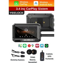 Yeelock 3.4" Hd Akıllı Motosiklet Dvr Ekranı & Çift Kamera Sistemi | Kablosuz Carplay & Android Auto, Gps Navigasyon, Su Geçirmez Ön/arka Sürüş Kayıt Cihazı Tam Set