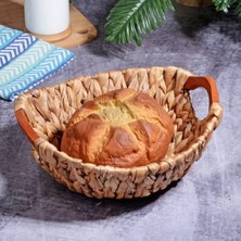 Adoz Shopping Kosova Wicker Serisi Bezli Yuvarlak Ahşap Kulplu Hasır Ekmek Sepeti