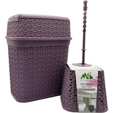 Adoz Shopping Hasır Desenli Çöp Kovası ve Klozet Fırçası Seti, Mürdüm