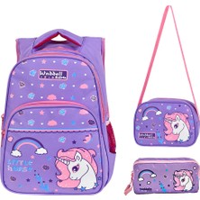 Niss Store Ortopedik Lila Little Horse Unicorn Kız Ilkokul Çantası Beslenmeçantası ve 2 Gözlü Kalemlik Set