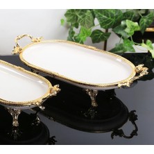 Gold Çerçeveli Oval Kulplu Porselen Büyük Boy Servis Tabağı 33×21 cm
