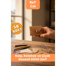 Canvela 50 Adet Kalp Çiçek ve Kelebek Kilitli Mini Kraft Hediye Zarfı ve Kart Seti