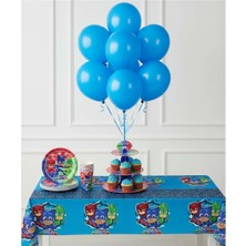 Umamiçe Pijamaskeliler Parti Seti – 10 Mavi Balon + 8'li Tabak Bardak + Kek Standı + Masa Örtüsü