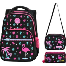 Niss Store Waddell Kids Ortopedili Flamingo Siyah Kız Ilkokul Çantası Beslenme Çantası ve Kalemlik 3 Lü Set