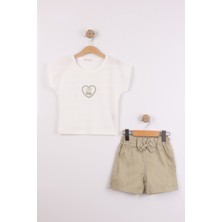 Joy Kids Kız Çocuk Klimalı Keten Şortlu Basic Takım (6-9yaş) (Ekru-Yeşil)