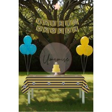 Umamiçe Sarı Lacivert Mini Parti Seti – Masa Örtüsü + Banner + 5 Metalik Mavi Balon + 5 Metalik Sarı Balon