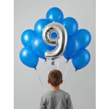 Umamiçe 9 Rakam Balon Seti – 40 Inç (100 Cm) Folyo Balon + 10 Adet Metalik Mavi Balon
