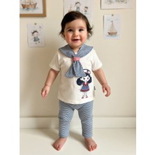 Minitix Denizci Temalı Kız Bebek 2’li Takım Çizgili Alt Baskılı Üst Pamuklu Yazlık Takım