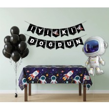 Umamiçe Uzay Parti Seti – 10 Siyah Balon + Banner + Folyo Balon + Masa Örtüsü