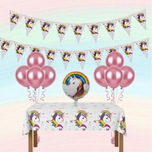 Umamiçe Unıcorn Parti Seti – 10 Pembe Balon + Flama + Folyo Balon + Masa Örtüsü