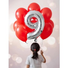 Umamiçe 9 Rakam Balon Seti – 40 Inç (100 Cm) Folyo Balon + 10 Adet Metalik Kırmızı Balon