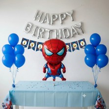 Umamiçe Örümcek Adam Parti Seti – 10 Mavi Balon + Banner + Folyo Balon(B) + Masa Örtüsü