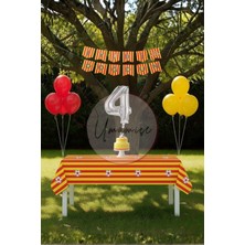 Umamiçe Sarı Kırmızı Temalı 4 Yaş Doğum Günü Parti Seti – Masa Örtüsü + Banner + 4 Rakam Balonu + Balonlar