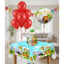 Umamiçe Safari Parti Seti – 10 Kırmızı Balon + Folyo Balon + Kek Standı + Masa Örtüsü