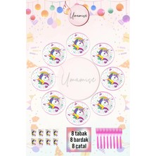 Umamiçe Unicorn Temalı Tabak, Bardak ve Çatal Seti – 8 Adet Tabak + 8 Adet Bardak + 8 Adet Çatal