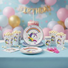 Umamiçe Unıcorn Parti Seti – 25'li Pembe Çatal + 8'li Mısır Kutusu + 8'li Peçete + 8'li Tabak Bardak