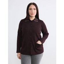 LC Waikiki Soulife Mürdüm Polo Yaka Taşlı Kadın Triko Hırka