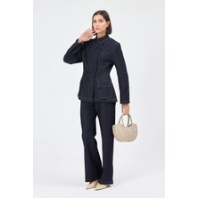 Diemmood Kadın Bel Oturtmalı Düğmeli Ceket Pantolon Lacivert Kot Takım