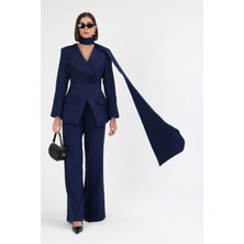 Diemmood Kadın Modern Şal Detaylı Pantolon Ceket Lacivert Takım