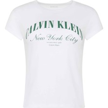Calvin Klein Calvın Kleın Kadın Marka Logolu Günlük Kullanıma Uygun Beyaz T-Shirt LV047F815G Yaf