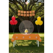 Umamiçe Sarı Kırmızı Mini Parti Seti – Masa Örtüsü + Banner + 5 Metalik Kırmızı Balon + 5 Metalik Sarı Balon