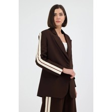 Diemmood Kadın Yan Şerit Detaylı Oversize Blazer Ceket & Palazzo Kahverengi Takım