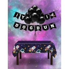 Umamiçe Uzay Parti Seti – 10 Siyah Balon + Banner + Masa Örtüsü