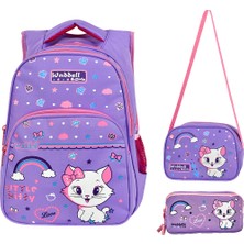 Niss Store Ortopedili Lila Sevimli Kedi Kız Çocuk Ilkokul Çantası Beslenme Çantası ve 2 Gözlü Kalemlik Set