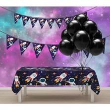Umamiçe Uzay Parti Seti – 10 Siyah Balon + Flama + Masa Örtüsü