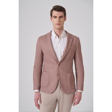 Morven  Erkek Bej Örme Trend Kareli Slim Fit Mono Yaka Ceket