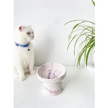 Calperia Seramik Kedi ve Köpek Mama Su Kabı - Mor Beyaz Ebru Desen