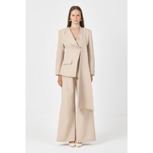 Diemmood Kadın Modern Şal Detaylı Pantolon Ceket Bej Takım
