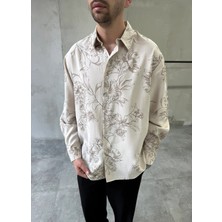 Difransel Jeans Desenli Oversize Premium Modern Kesim Bej Gömlek
