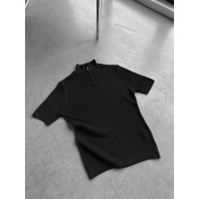 Elku Moda Erkek Premium Ribanalı Yarım Fermuarlı Kısa Kollu Triko Tişört Dik Yaka Merserize T-Shırt