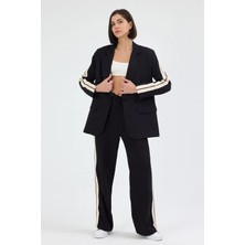 Diemmood Kadın Yan Şerit Detaylı Oversize Blazer Ceket & Palazzo Siyah Takım